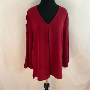 Spense Top Womens L Large Blouse 3/4 Sleeve Cut Out V-Neck Pleat Open Sleeves